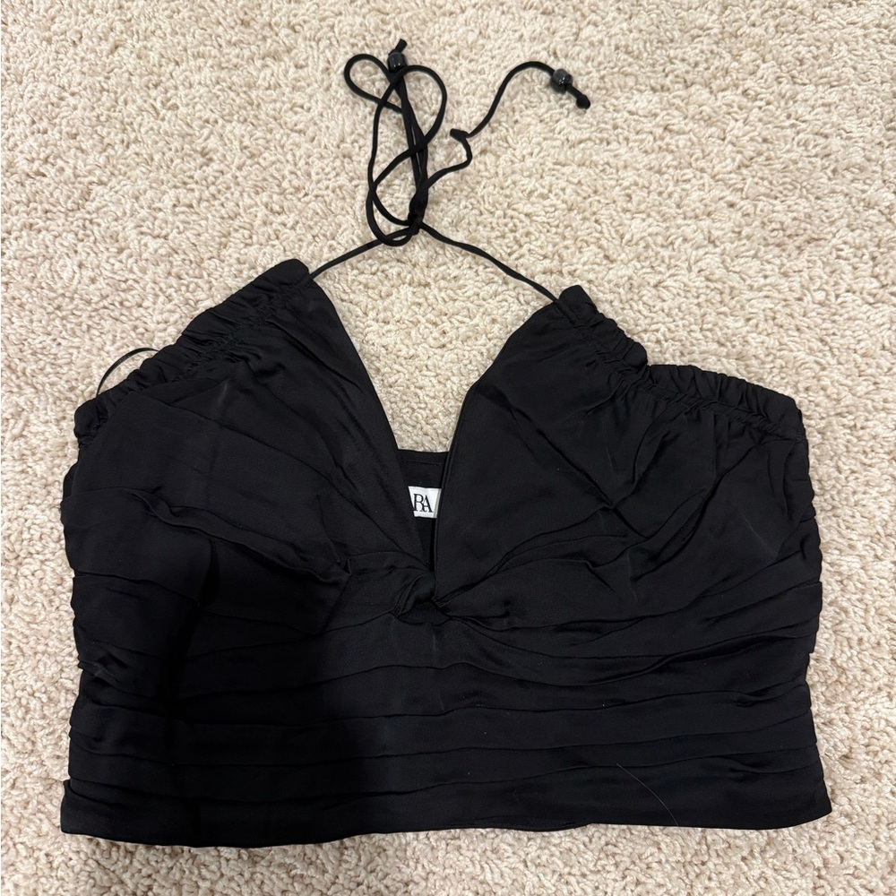 Zara black crop top with ruched detailing with a halter tie  complete with beads